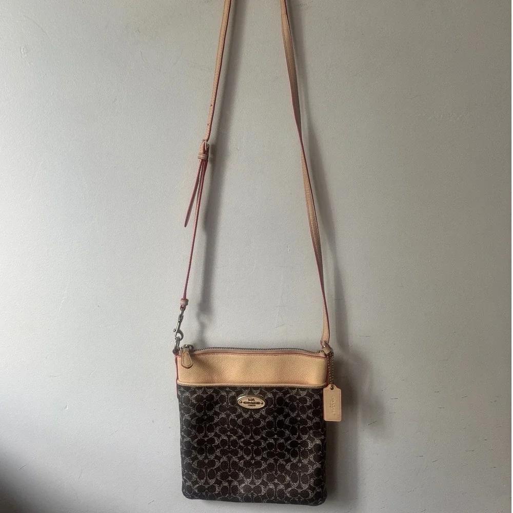 Vintage Coach Courier Crossbody Bag Signature Monogram Tan Leather Brown 53006